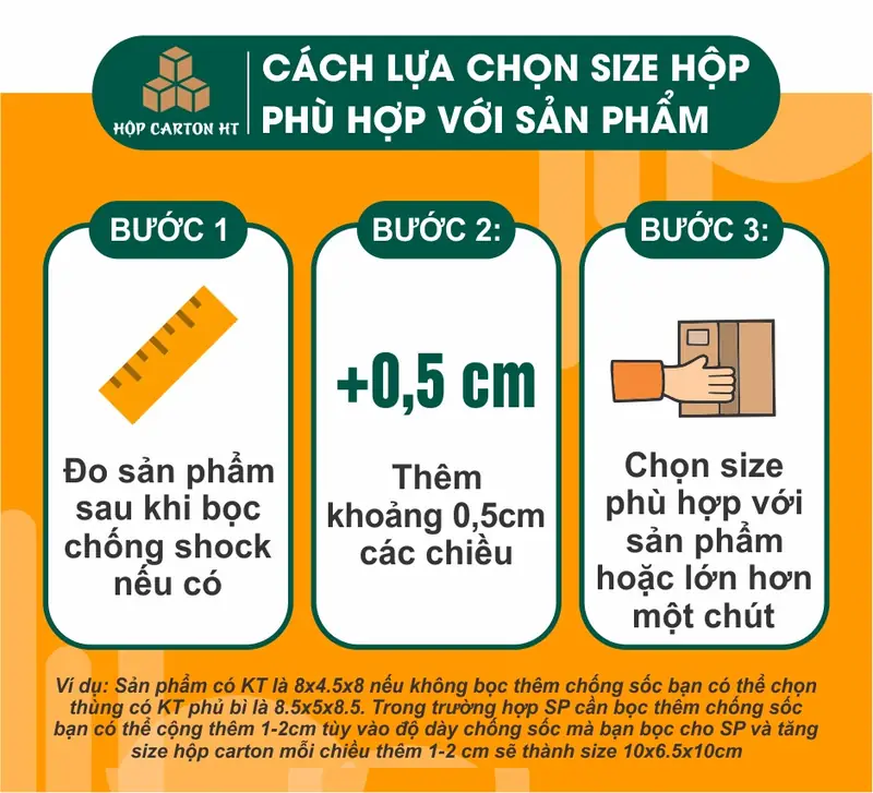 Hộp 10×10×10 cm (2 mặt nâu), hướng dẫn chọn size